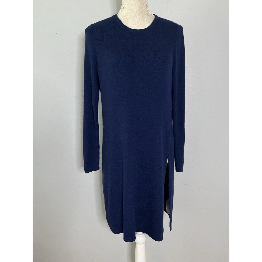 Eileen Fisher Navy Blue Knit Tunic Dress Side Slit Wool Blend Size M